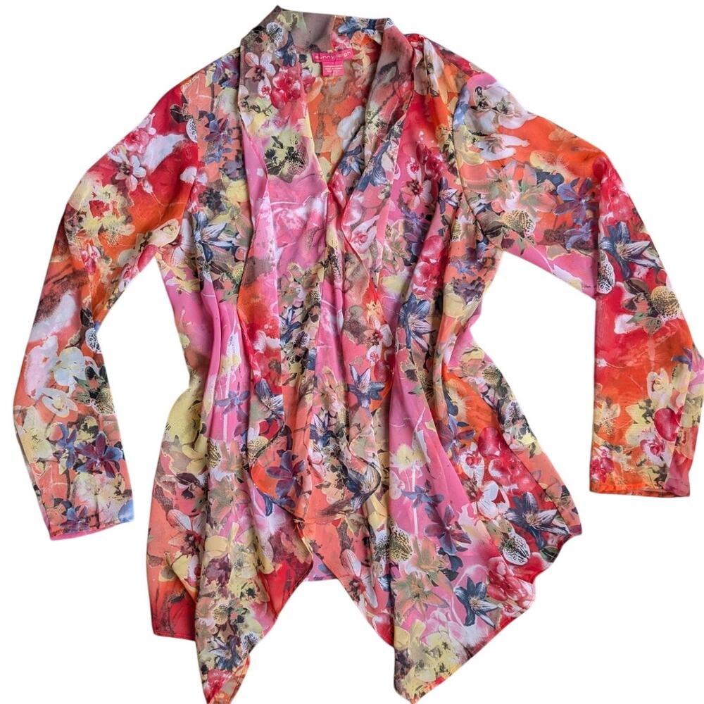 Sunny Leigh Impressionist Floral Mesh Top Sz S Maximalist Waterfall Asymmetrical